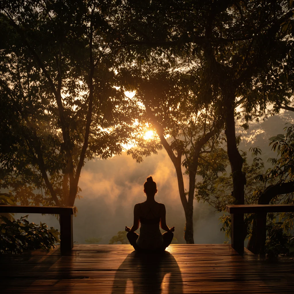 Meditating at sunrise in the jungle